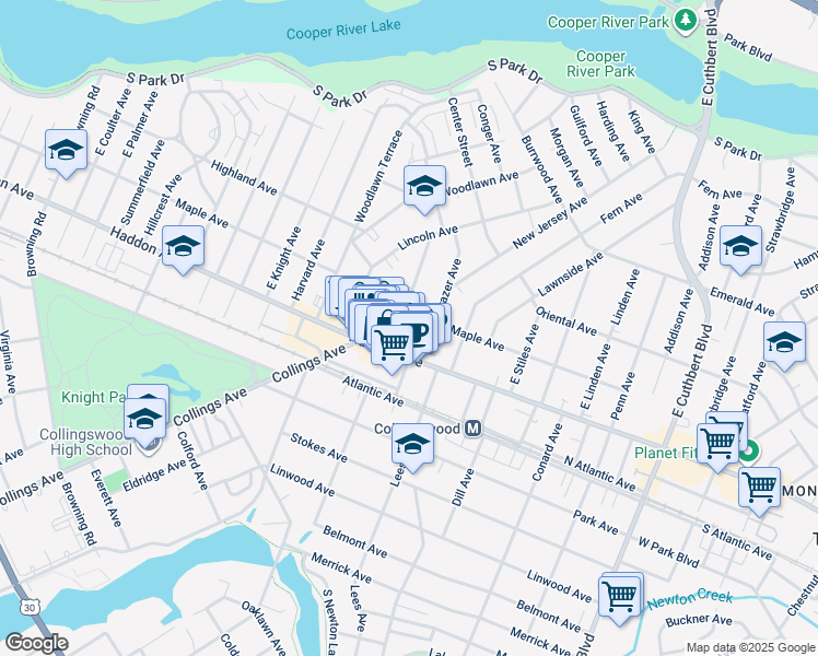 map of restaurants, bars, coffee shops, grocery stores, and more near 17 Washington Avenue in Collingswood