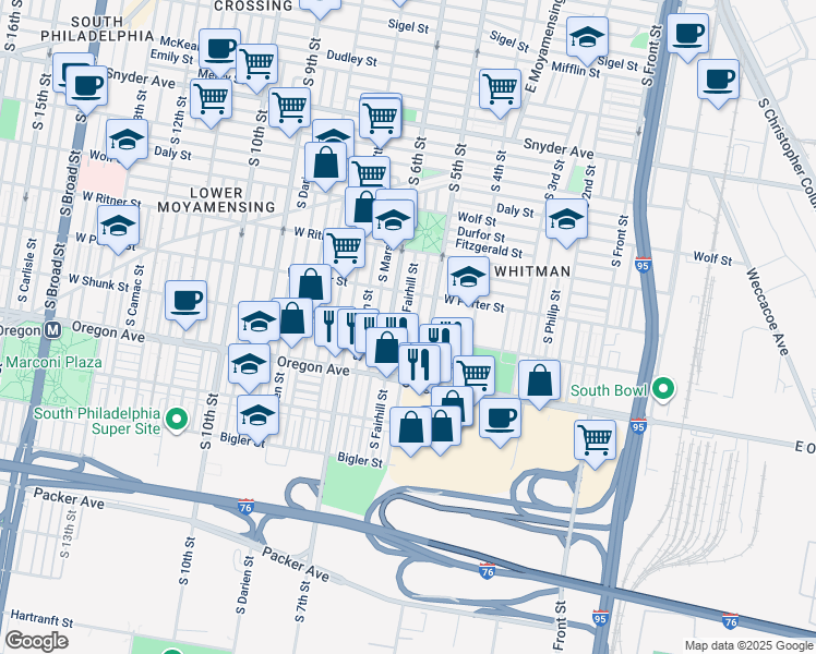 map of restaurants, bars, coffee shops, grocery stores, and more near 2549 South Fairhill Street in Philadelphia