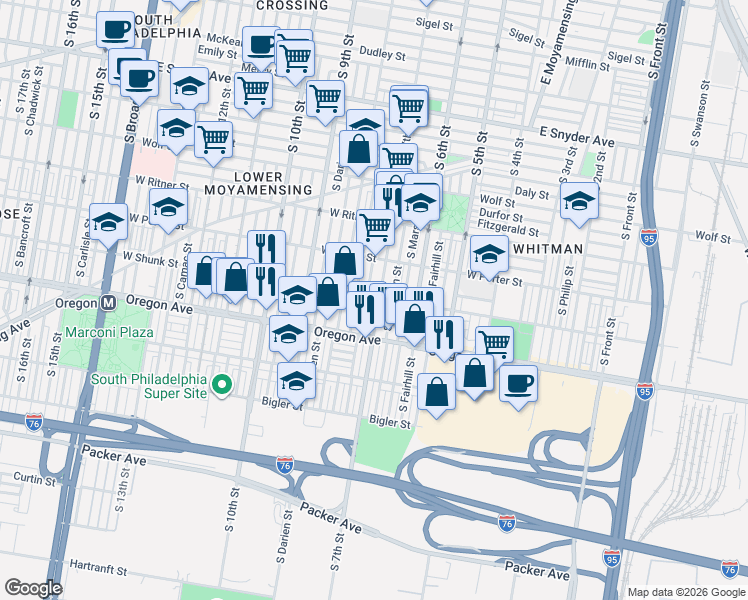 map of restaurants, bars, coffee shops, grocery stores, and more near 2611 South Franklin Street in Philadelphia