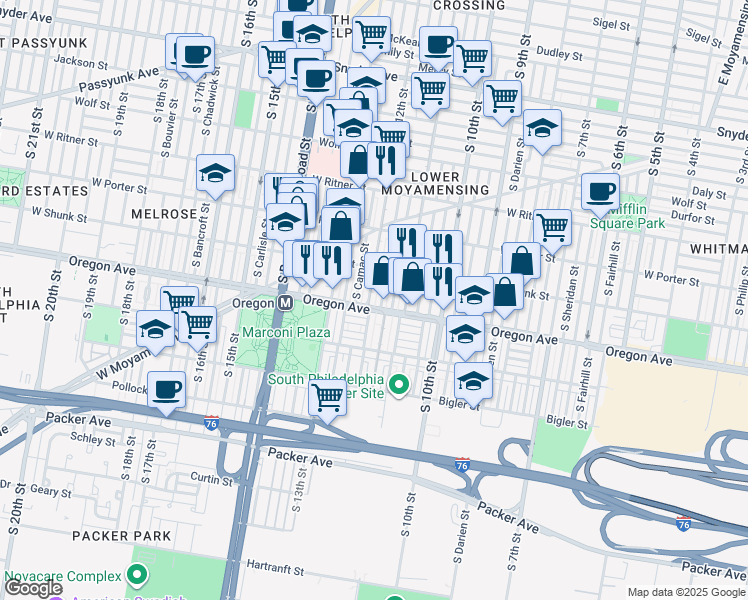 map of restaurants, bars, coffee shops, grocery stores, and more near 2655 South Camac Street in Philadelphia