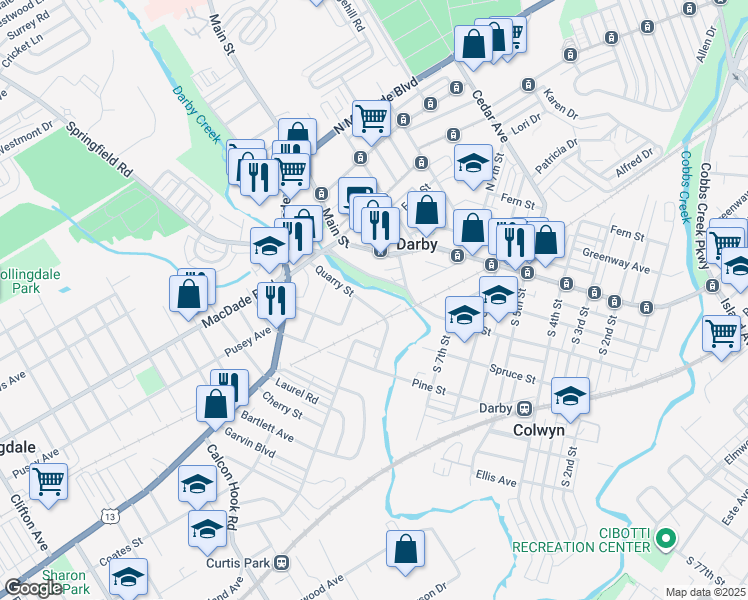 map of restaurants, bars, coffee shops, grocery stores, and more near 901 Quarry Street in Darby