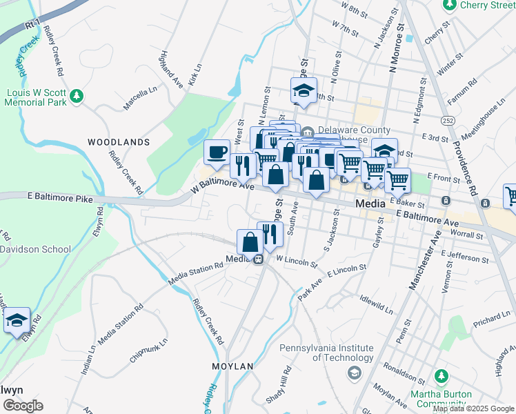 map of restaurants, bars, coffee shops, grocery stores, and more near 377 West Jefferson Street in Media