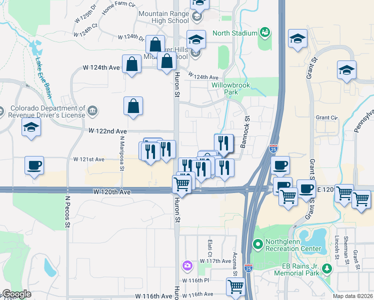 map of restaurants, bars, coffee shops, grocery stores, and more near 12194 Melody Drive in Denver