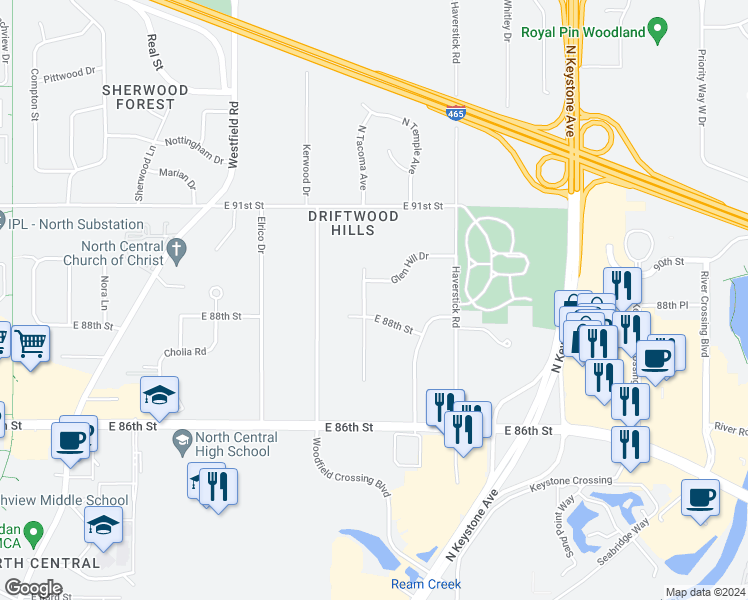 map of restaurants, bars, coffee shops, grocery stores, and more near 8835 Rosewood Lane in Indianapolis