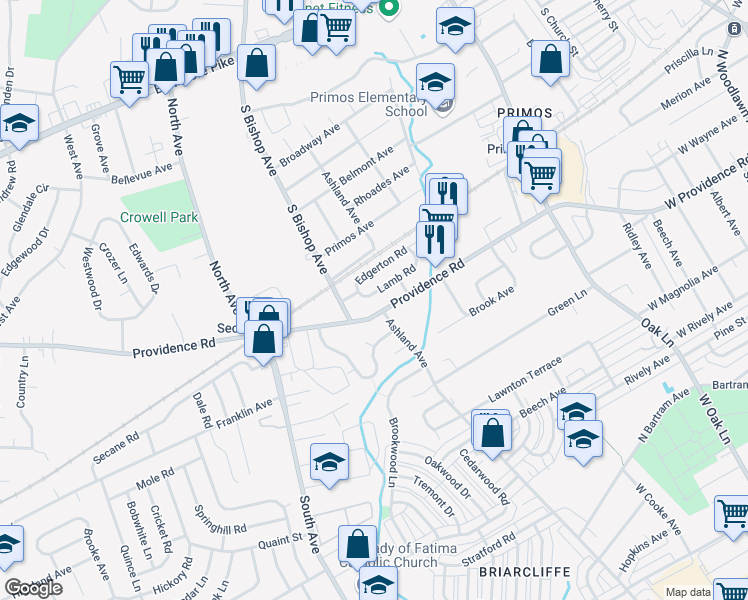 map of restaurants, bars, coffee shops, grocery stores, and more near 1026 Lamb Road in Upper Darby