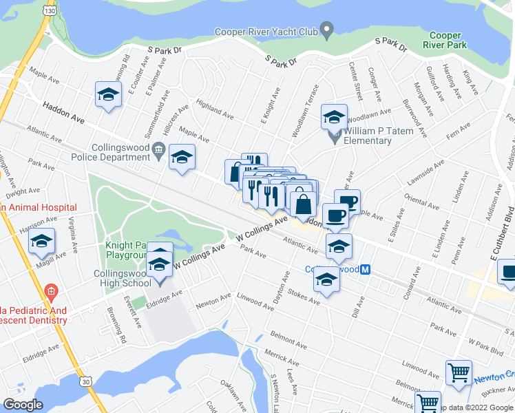 map of restaurants, bars, coffee shops, grocery stores, and more near 646 Haddon Avenue in Collingswood