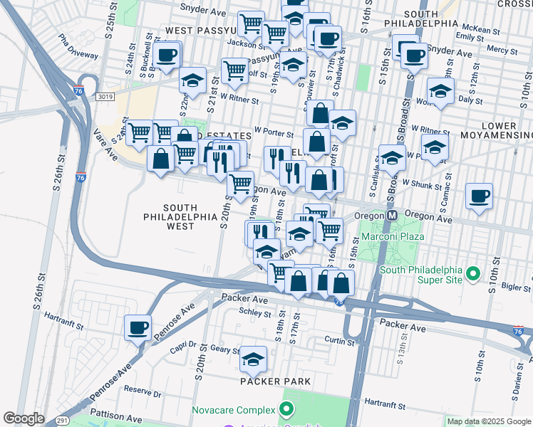 map of restaurants, bars, coffee shops, grocery stores, and more near 2746 South Cleveland Street in Philadelphia
