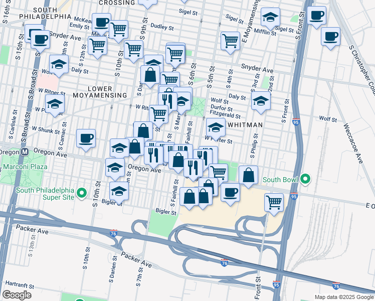 map of restaurants, bars, coffee shops, grocery stores, and more near 2549 South Fairhill Street in Philadelphia