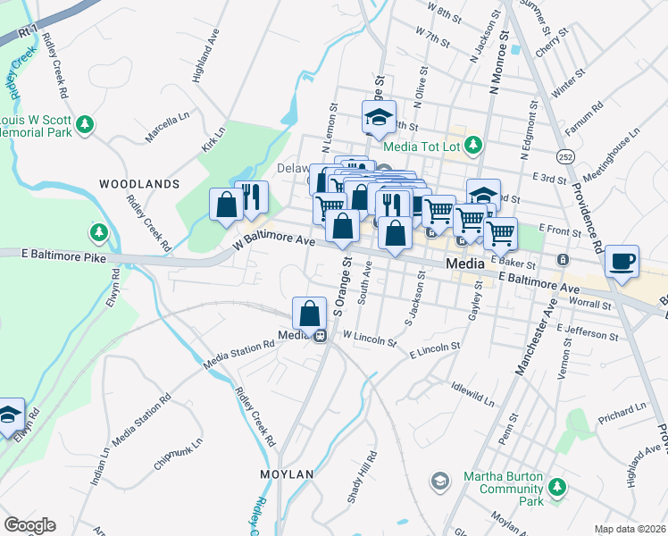 map of restaurants, bars, coffee shops, grocery stores, and more near 377 West Jefferson Street in Media