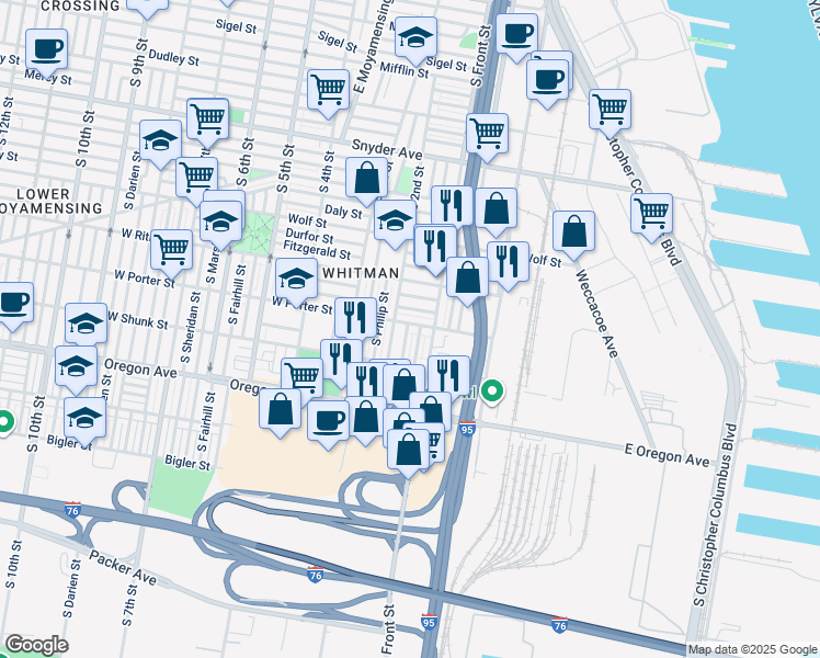 map of restaurants, bars, coffee shops, grocery stores, and more near 108 West Porter Street in Philadelphia