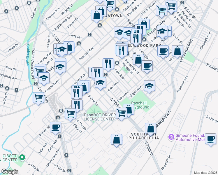 map of restaurants, bars, coffee shops, grocery stores, and more near 6933 Buist Avenue in Philadelphia