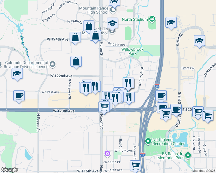 map of restaurants, bars, coffee shops, grocery stores, and more near 12131 North Melody Drive in Westminster