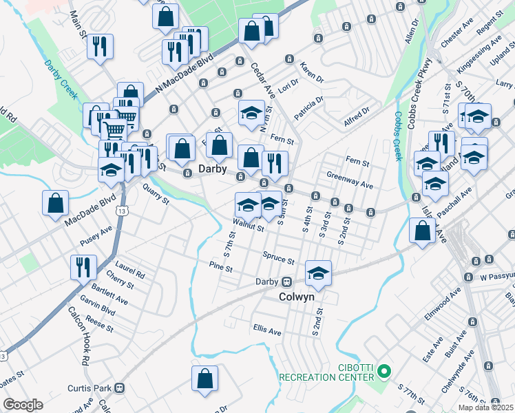 map of restaurants, bars, coffee shops, grocery stores, and more near 98 South 6th Street in Darby