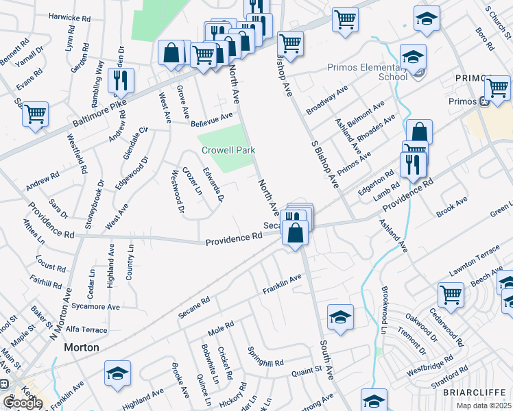 map of restaurants, bars, coffee shops, grocery stores, and more near 316 North Avenue in Delaware County