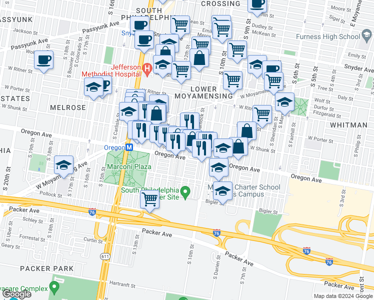 map of restaurants, bars, coffee shops, grocery stores, and more near 2638 South 11th Street in Philadelphia