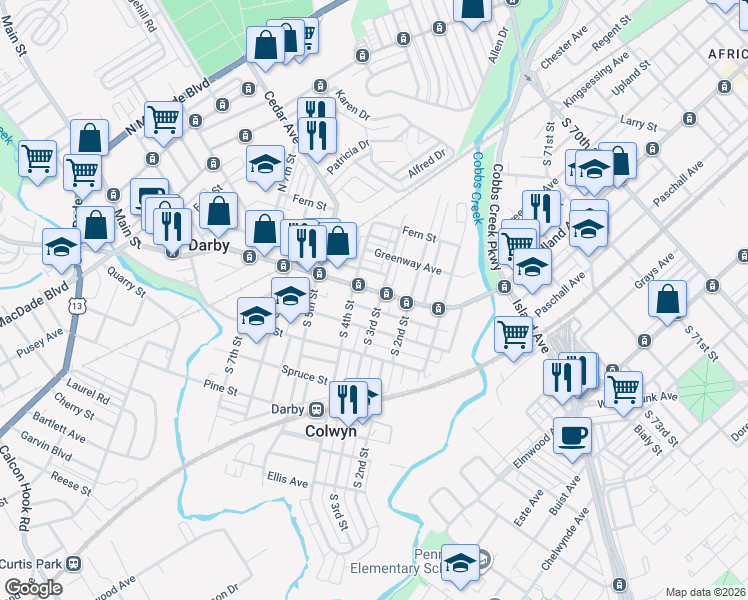 map of restaurants, bars, coffee shops, grocery stores, and more near 8 South 3rd Street in Darby