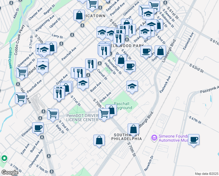 map of restaurants, bars, coffee shops, grocery stores, and more near 2647 Massey Street in Philadelphia