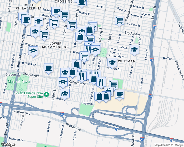 map of restaurants, bars, coffee shops, grocery stores, and more near 2553 South Marshall Street in Philadelphia