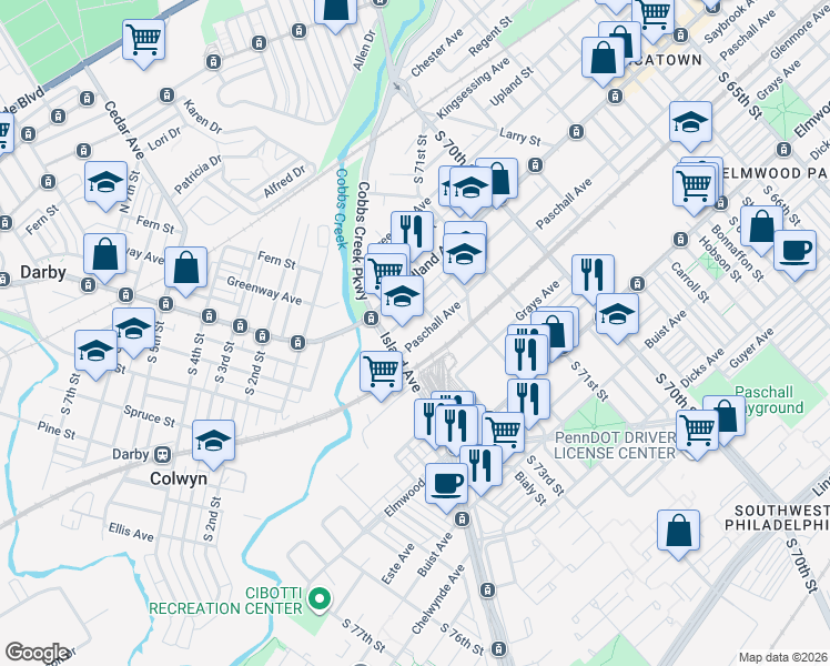 map of restaurants, bars, coffee shops, grocery stores, and more near 7257 Paschall Avenue in Philadelphia