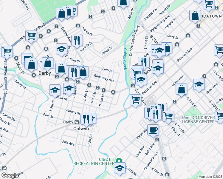 map of restaurants, bars, coffee shops, grocery stores, and more near 109 Main Street in Darby