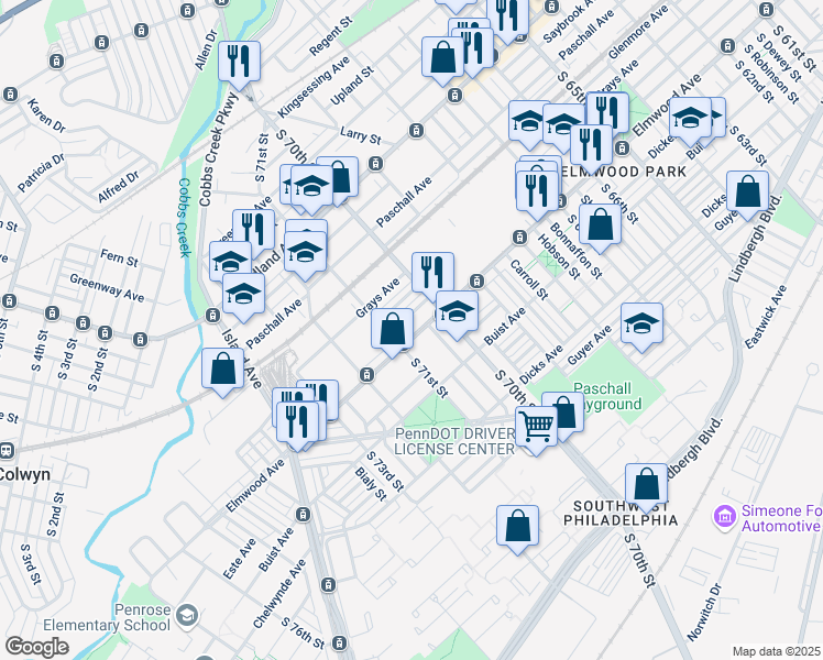 map of restaurants, bars, coffee shops, grocery stores, and more near 7039 Elmwood Avenue in Philadelphia