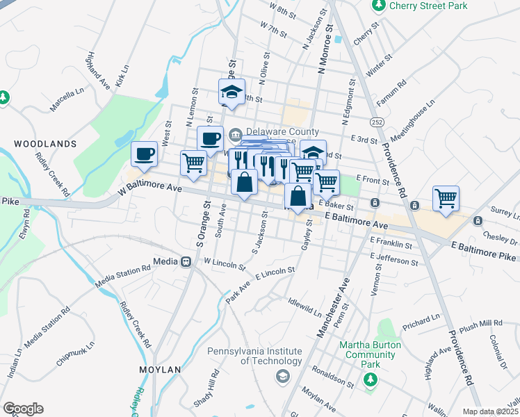 map of restaurants, bars, coffee shops, grocery stores, and more near 2 West Baltimore Avenue in Media
