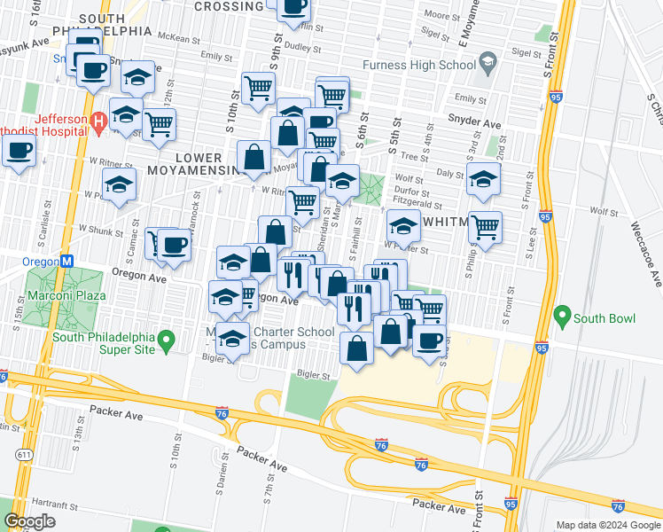 map of restaurants, bars, coffee shops, grocery stores, and more near 2553 South Marshall Street in Philadelphia