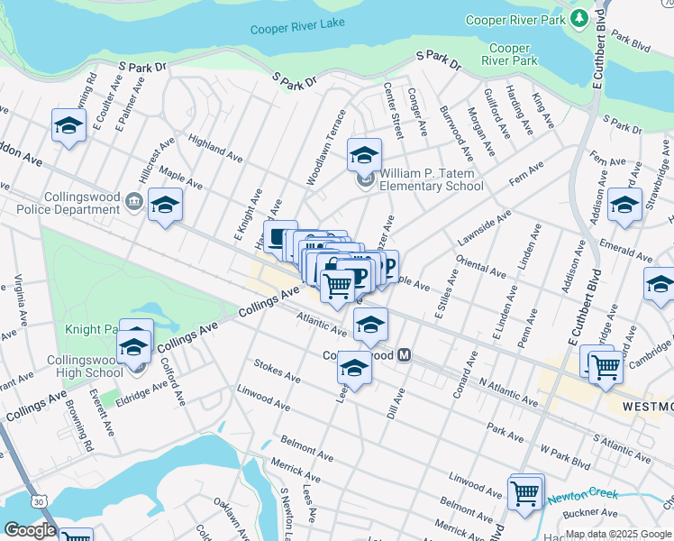 map of restaurants, bars, coffee shops, grocery stores, and more near 17 Washington Avenue in Collingswood