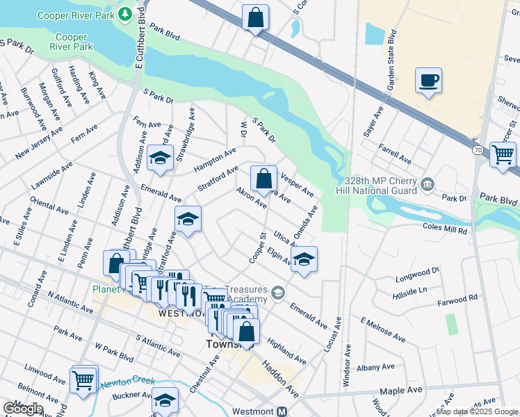 map of restaurants, bars, coffee shops, grocery stores, and more near 98 Akron Avenue in Haddon Township