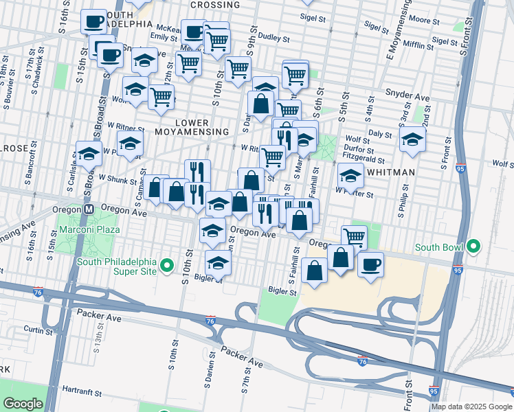 map of restaurants, bars, coffee shops, grocery stores, and more near 2602 South Franklin Street in Philadelphia