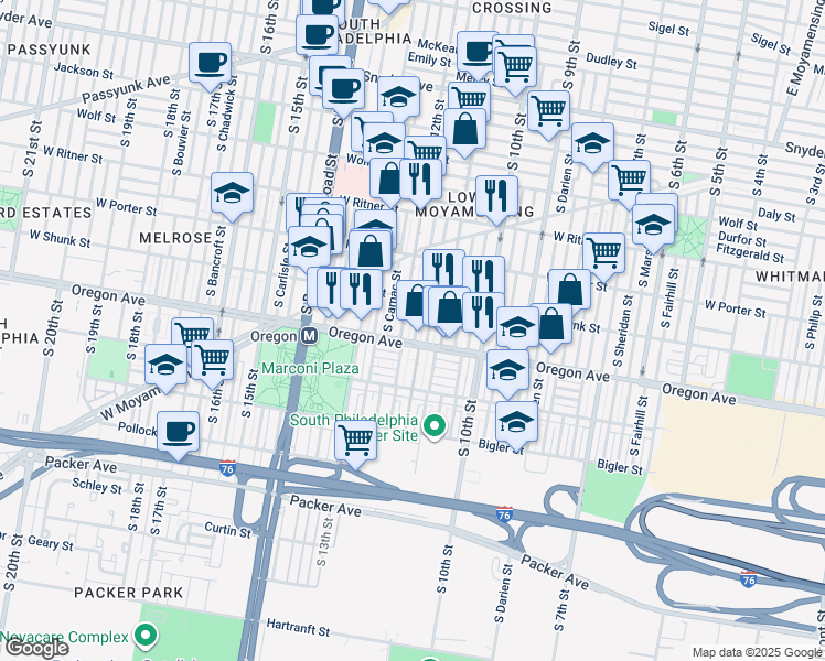 map of restaurants, bars, coffee shops, grocery stores, and more near 2644 South Sartain Street in Philadelphia