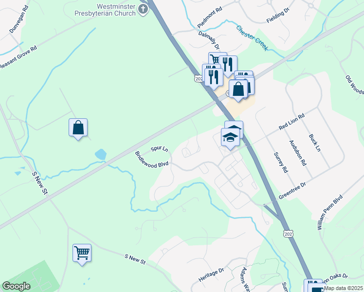 map of restaurants, bars, coffee shops, grocery stores, and more near 261 Caleb Drive in West Chester