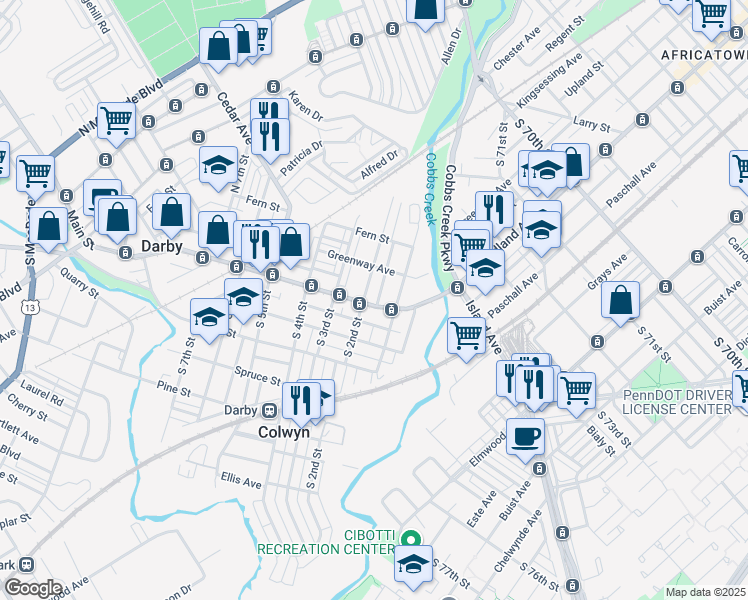 map of restaurants, bars, coffee shops, grocery stores, and more near 124 Main Street in Darby
