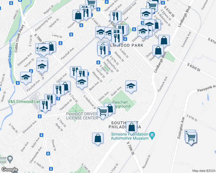 map of restaurants, bars, coffee shops, grocery stores, and more near 2645 Massey Street in Philadelphia