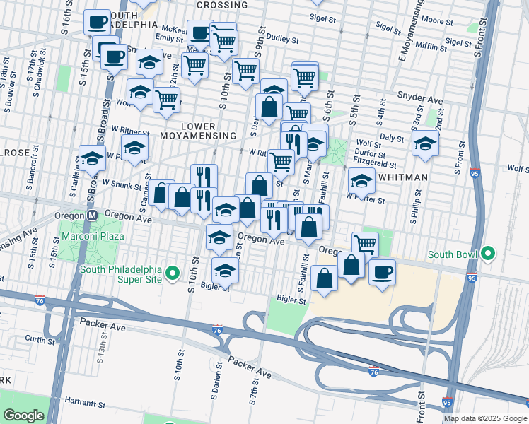 map of restaurants, bars, coffee shops, grocery stores, and more near 2602 South Franklin Street in Philadelphia