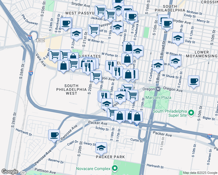 map of restaurants, bars, coffee shops, grocery stores, and more near 2741 South Cleveland Street in Philadelphia