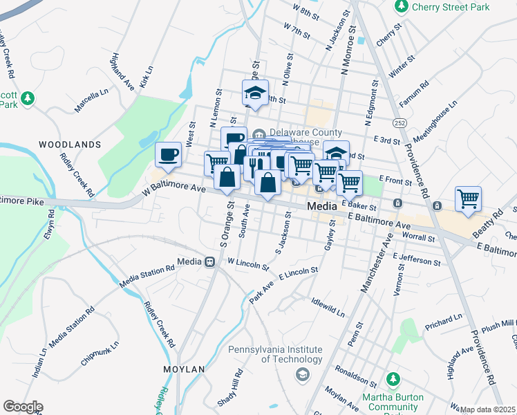 map of restaurants, bars, coffee shops, grocery stores, and more near 105 West Franklin Street in Media