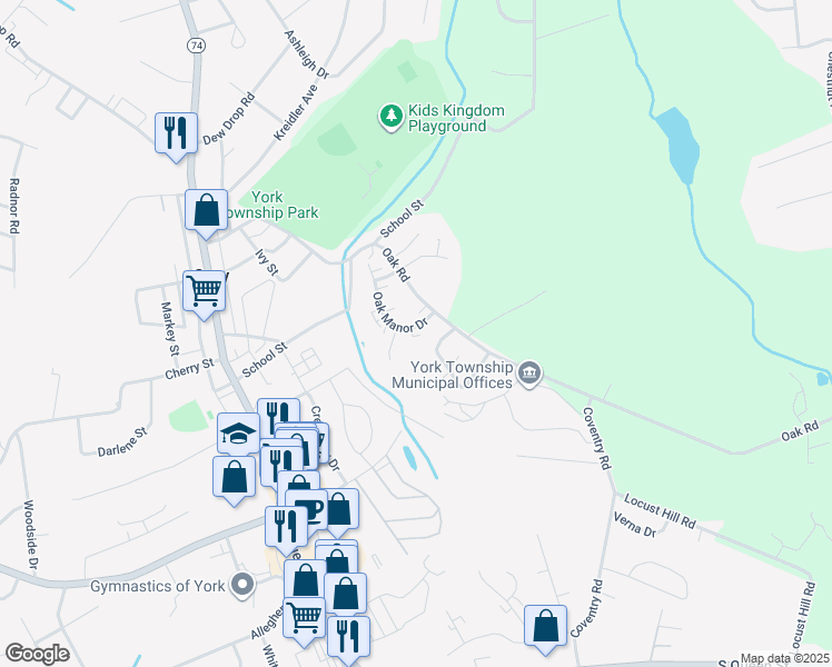 map of restaurants, bars, coffee shops, grocery stores, and more near 150 Oak Manor Drive in York