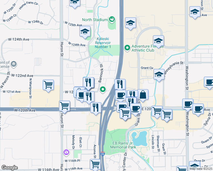 map of restaurants, bars, coffee shops, grocery stores, and more near 12162 Bannock Circle in Denver
