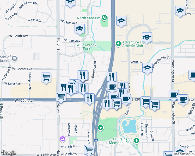 map of restaurants, bars, coffee shops, grocery stores, and more near 12130 Bannock Street in Westminster