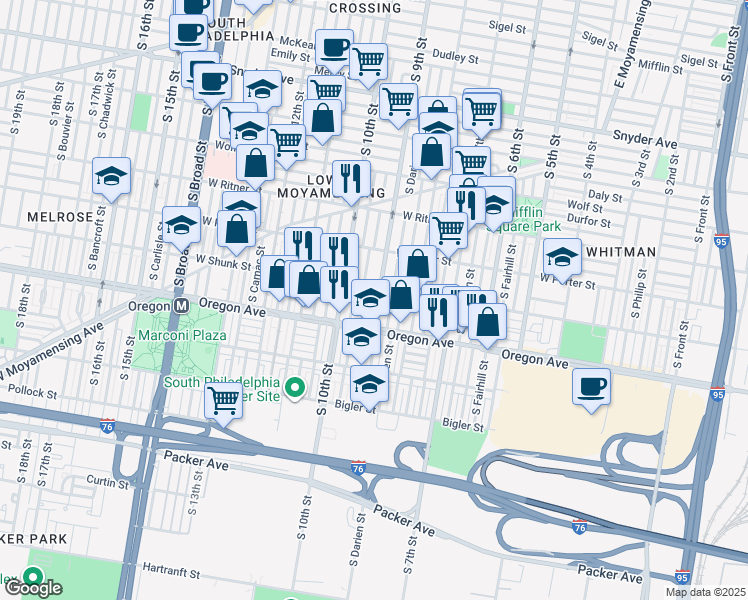 map of restaurants, bars, coffee shops, grocery stores, and more near 2630 South Percy Street in Philadelphia