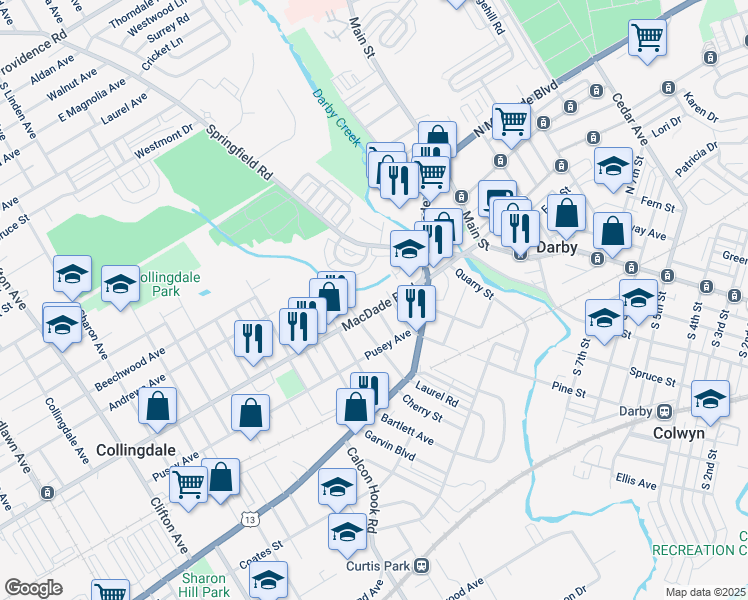 map of restaurants, bars, coffee shops, grocery stores, and more near 117 Macdade Boulevard in Lansdowne