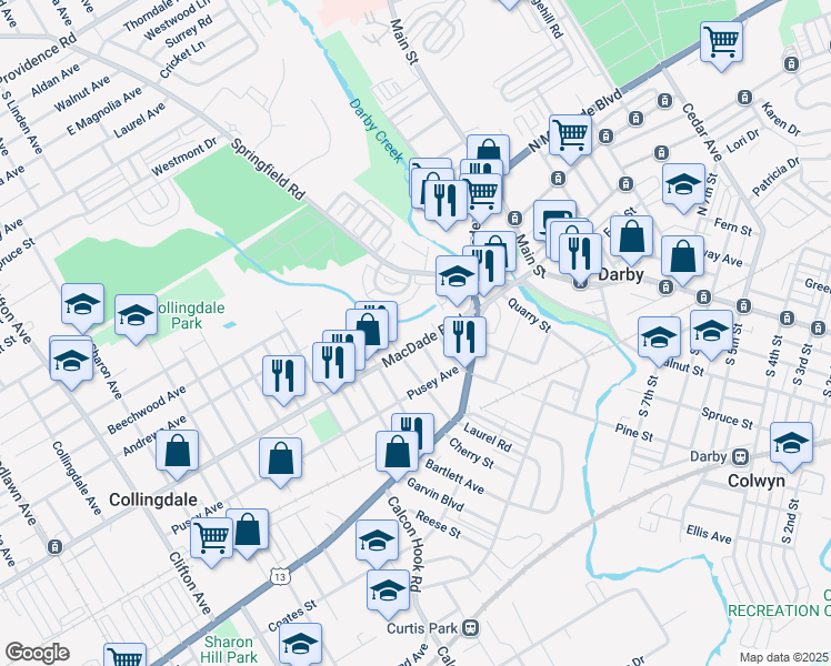 map of restaurants, bars, coffee shops, grocery stores, and more near 117 Macdade Boulevard in Lansdowne