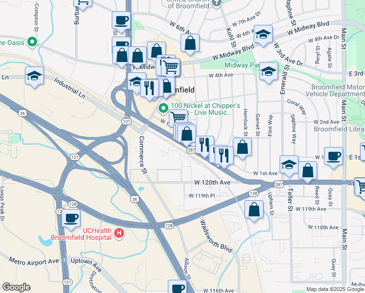 map of restaurants, bars, coffee shops, grocery stores, and more near 1350 U.S. 287 in Broomfield