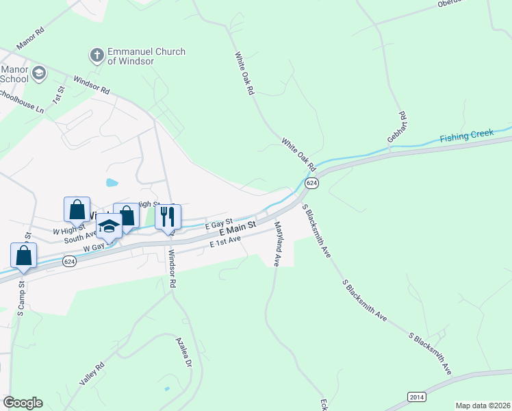 map of restaurants, bars, coffee shops, grocery stores, and more near 61 East Gay Street in Windsor