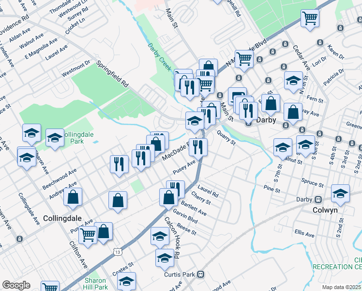 map of restaurants, bars, coffee shops, grocery stores, and more near 107 Macdade Boulevard in Lansdowne