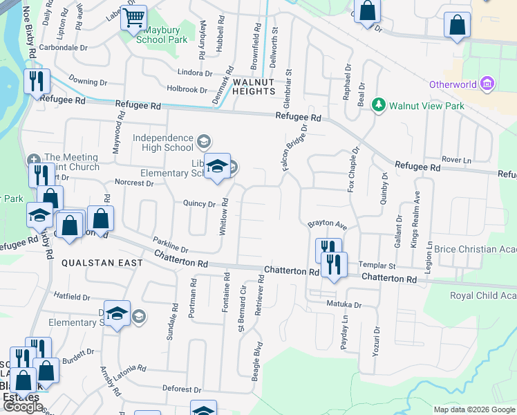 map of restaurants, bars, coffee shops, grocery stores, and more near 5385 Spire Lane in Columbus