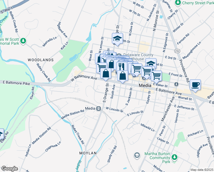 map of restaurants, bars, coffee shops, grocery stores, and more near 311 S Orange St in Media