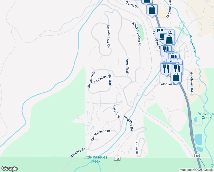 map of restaurants, bars, coffee shops, grocery stores, and more near 705 Elk Trail in Parshall