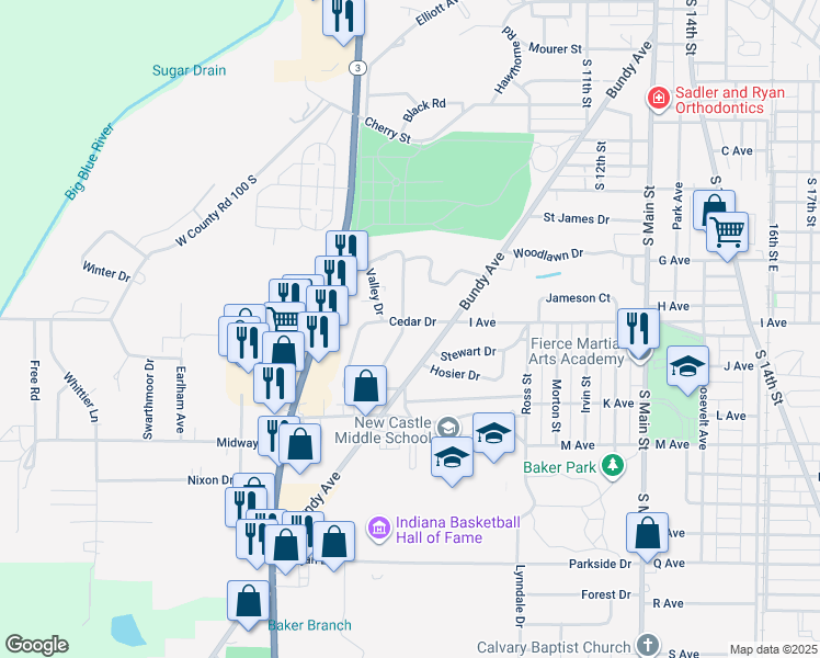 map of restaurants, bars, coffee shops, grocery stores, and more near 501 Cedar Drive in New Castle